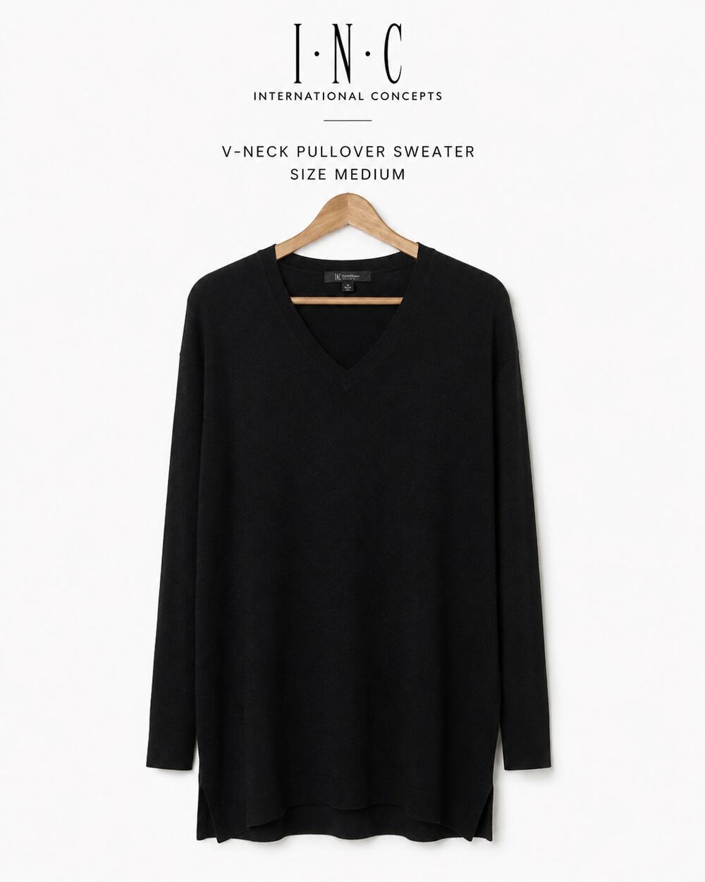 INC International Concepts Black V Neck Tunic Sweater Long Sleeve NWT Medium